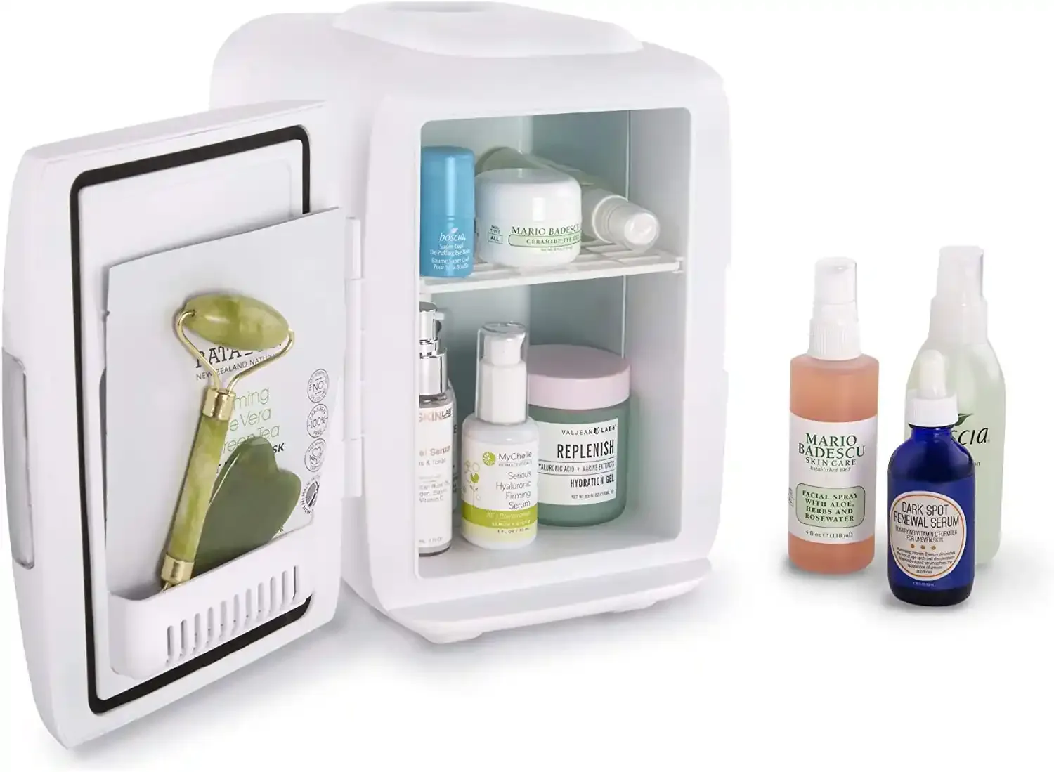 A small beauty fridge filled with skincare products