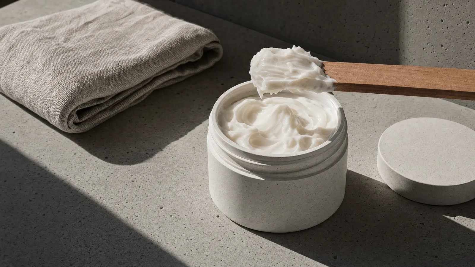 An open ceramic jar of thick white hair mask with a scoop lifted on a wooden spatula, on concrete