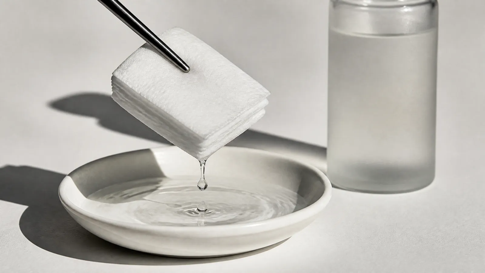 A soaked toner pad lifted on steel tweezers, dripping into a shallow dish of clear hydrating toner