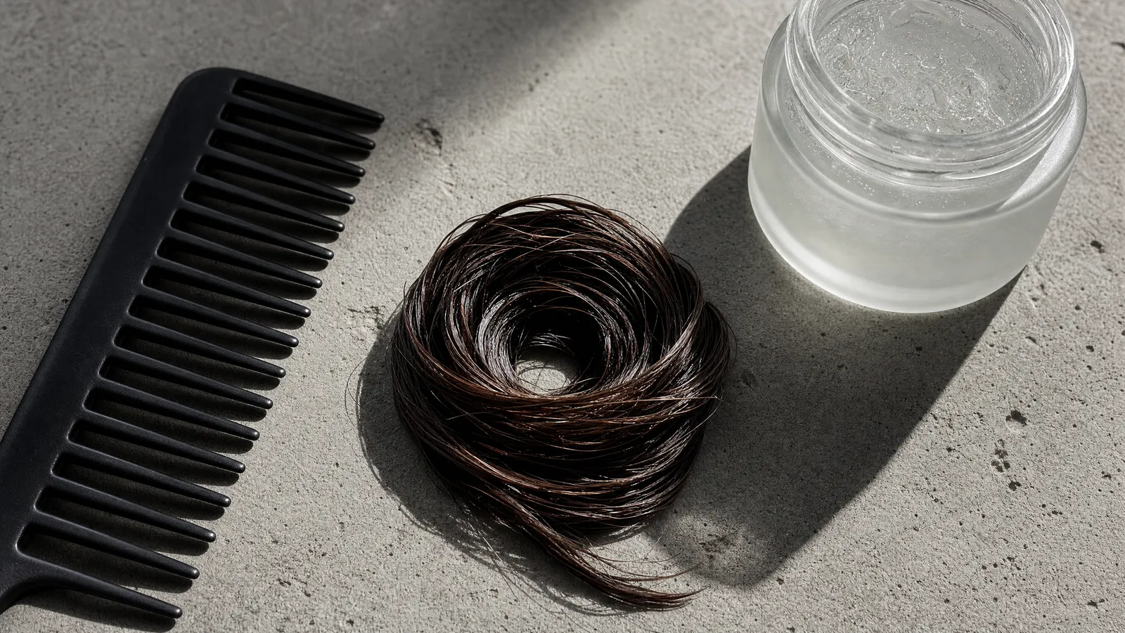 A single defined spiral curl beside a wide-tooth comb and an open jar of clear styling gel on concrete