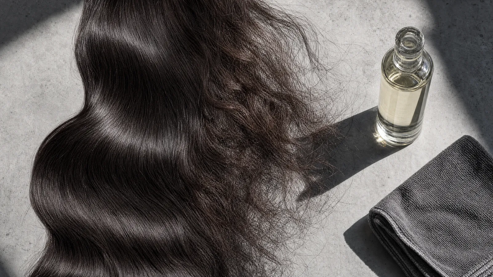 A swatch of dark hair, smooth on one side and fanning into backlit flyaways on the other, on concrete