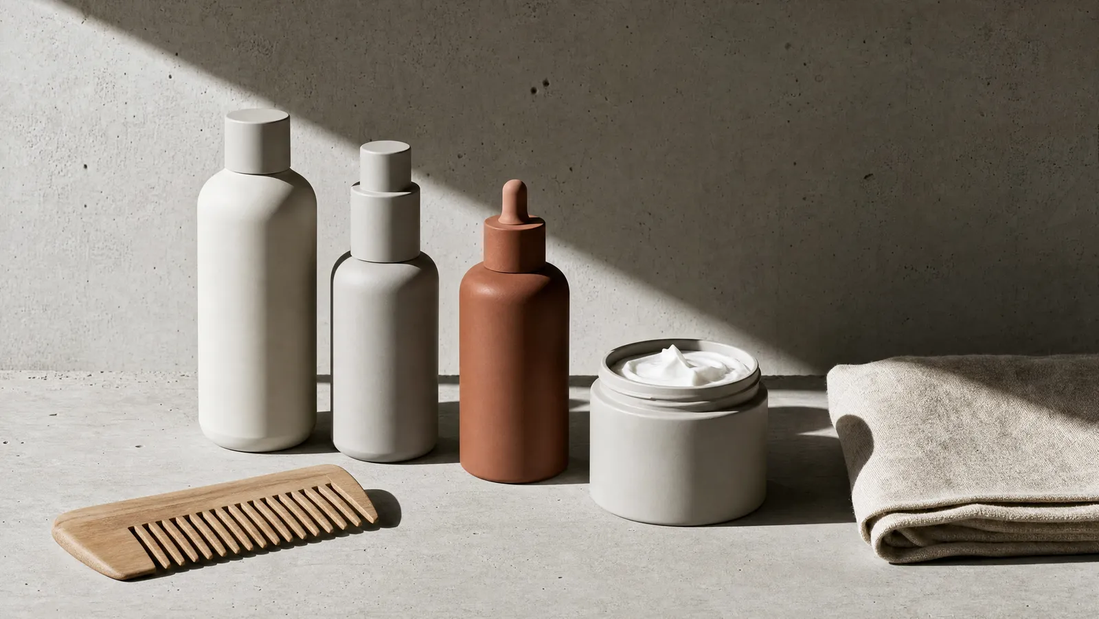 A minimalist flat lay of unbranded hair care bottles, a wooden wide-tooth comb and a linen towel on concrete