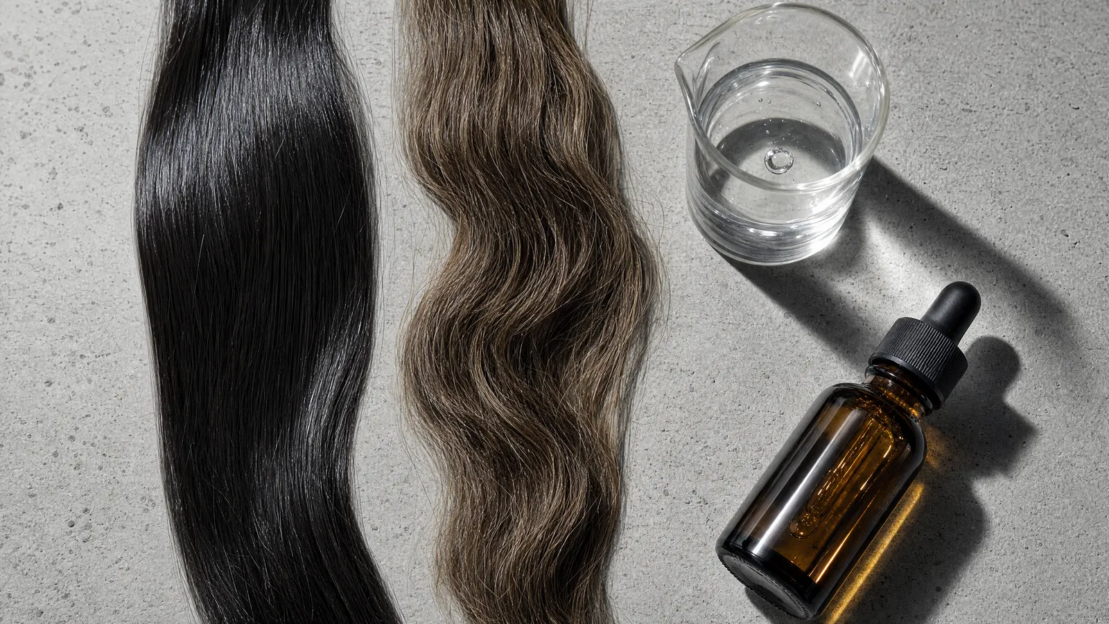 Two strands of hair, one straight and glossy and one coarse and wavy, laid beside a glass beaker of water on concrete