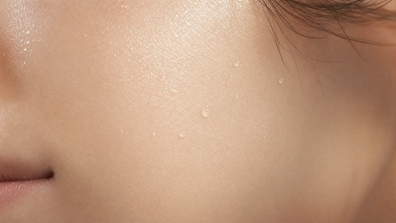 Extreme close-up of dewy, luminous glass skin with fine water droplets