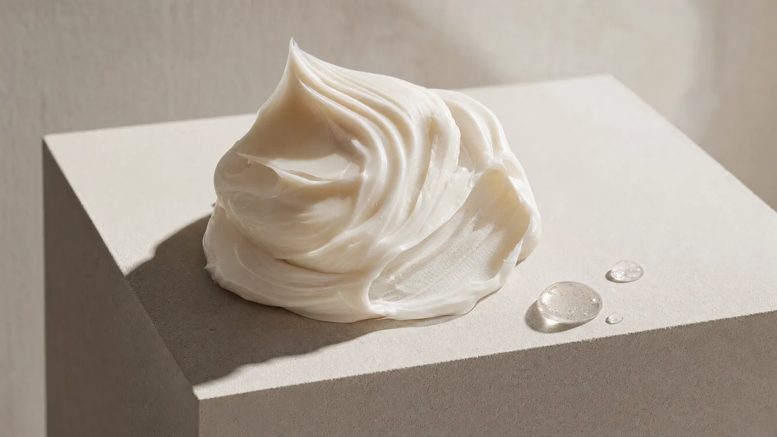 Macro swirl of rich ivory moisturizer with a palette-knife swipe and clear serum droplets on a bone-white surface