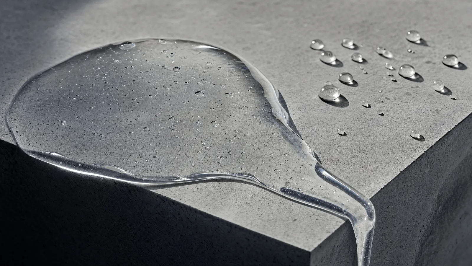 Macro study of clear low-pH cleansing gel pooled on cool grey stone with fine suspended air bubbles