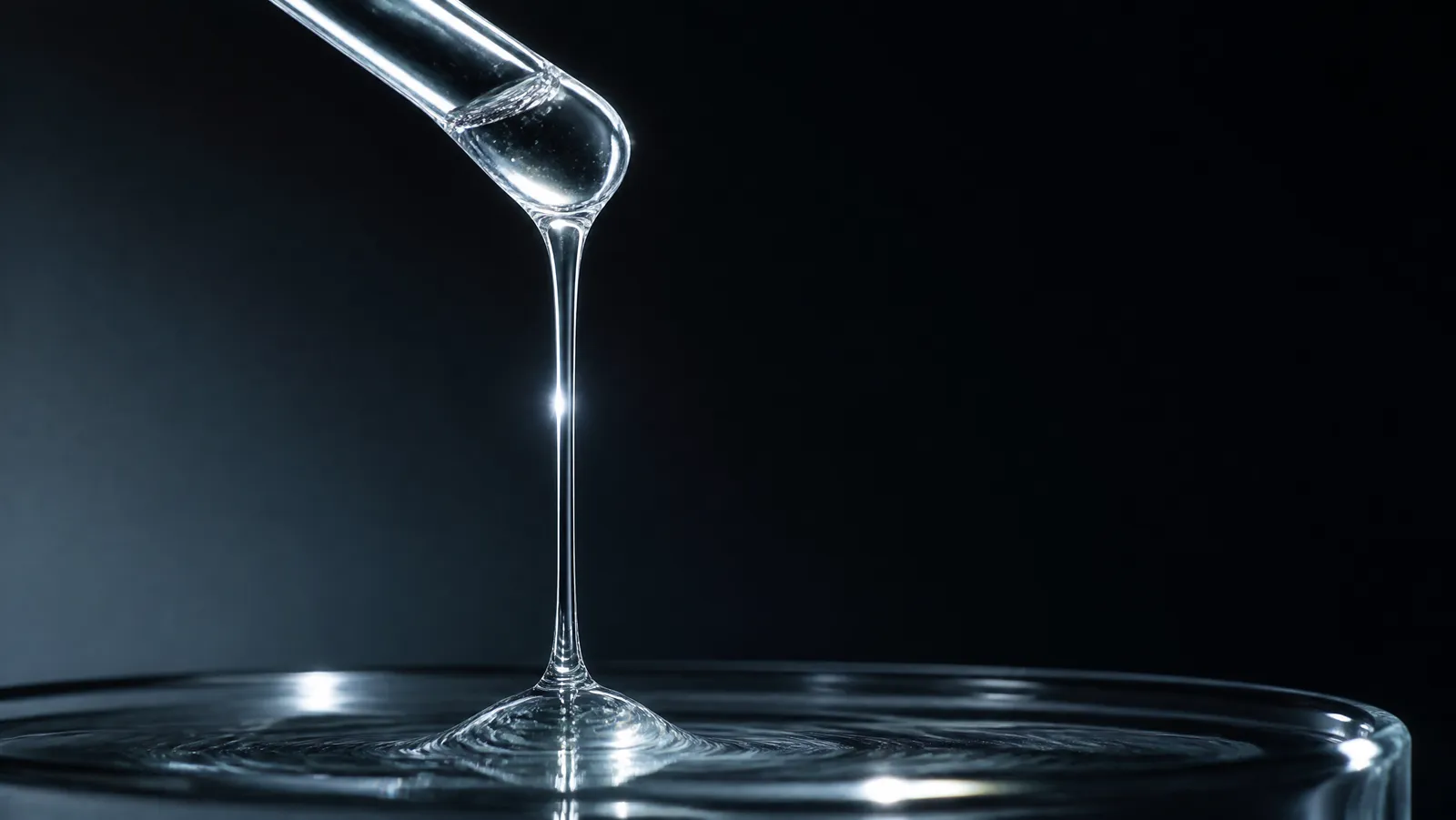 A long, unbroken thread of clear viscous gel drawn from a glass rod into the pool below